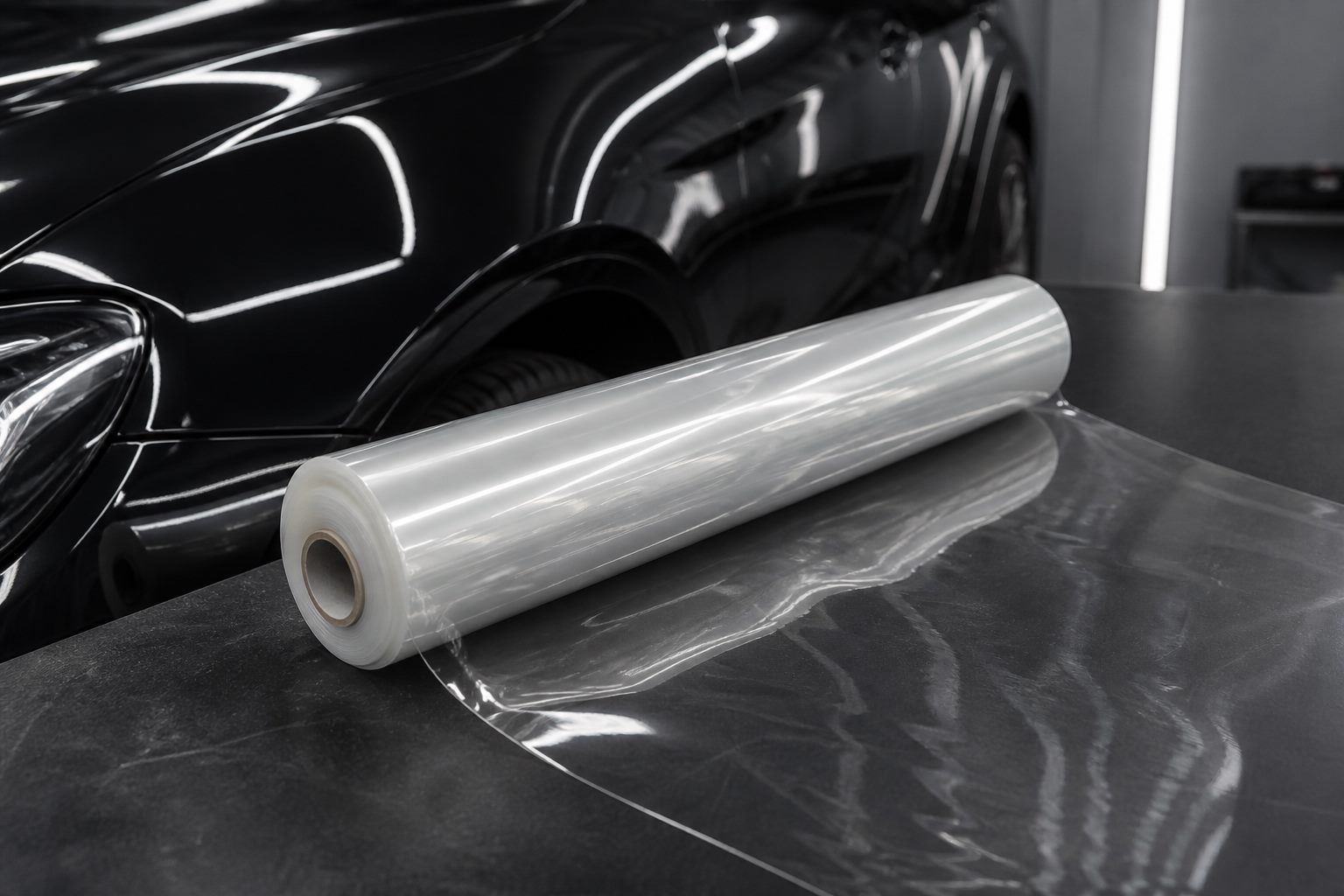 Clear PPF roll beside a dark vehicle panel
